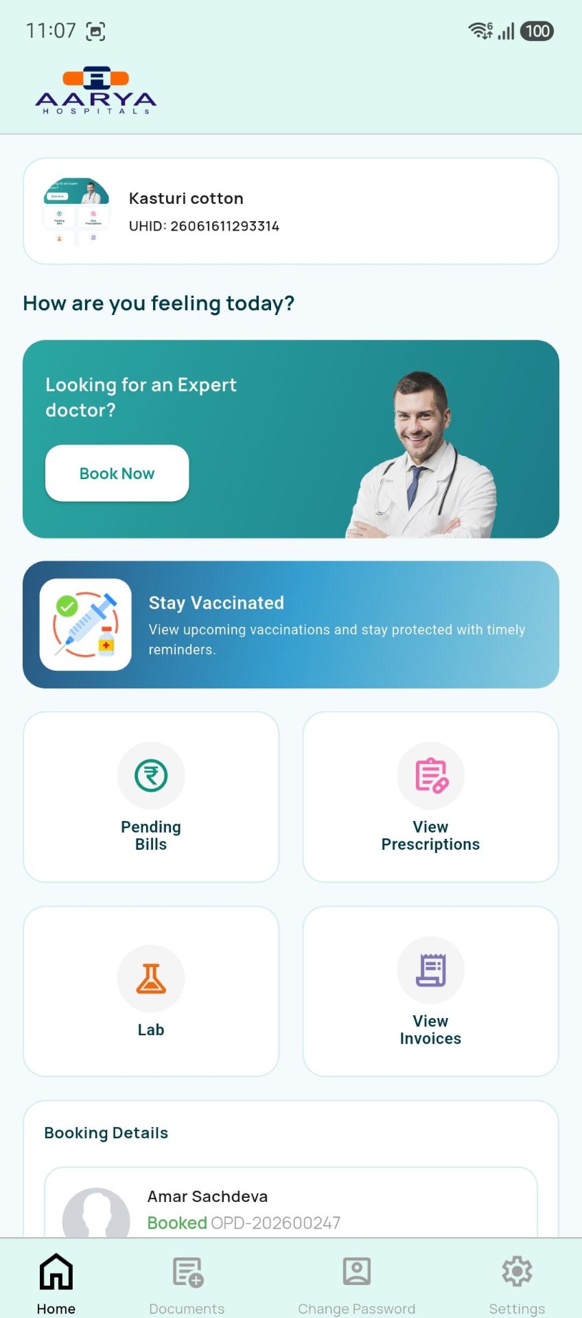 Aarya Hospitals patient app home screen