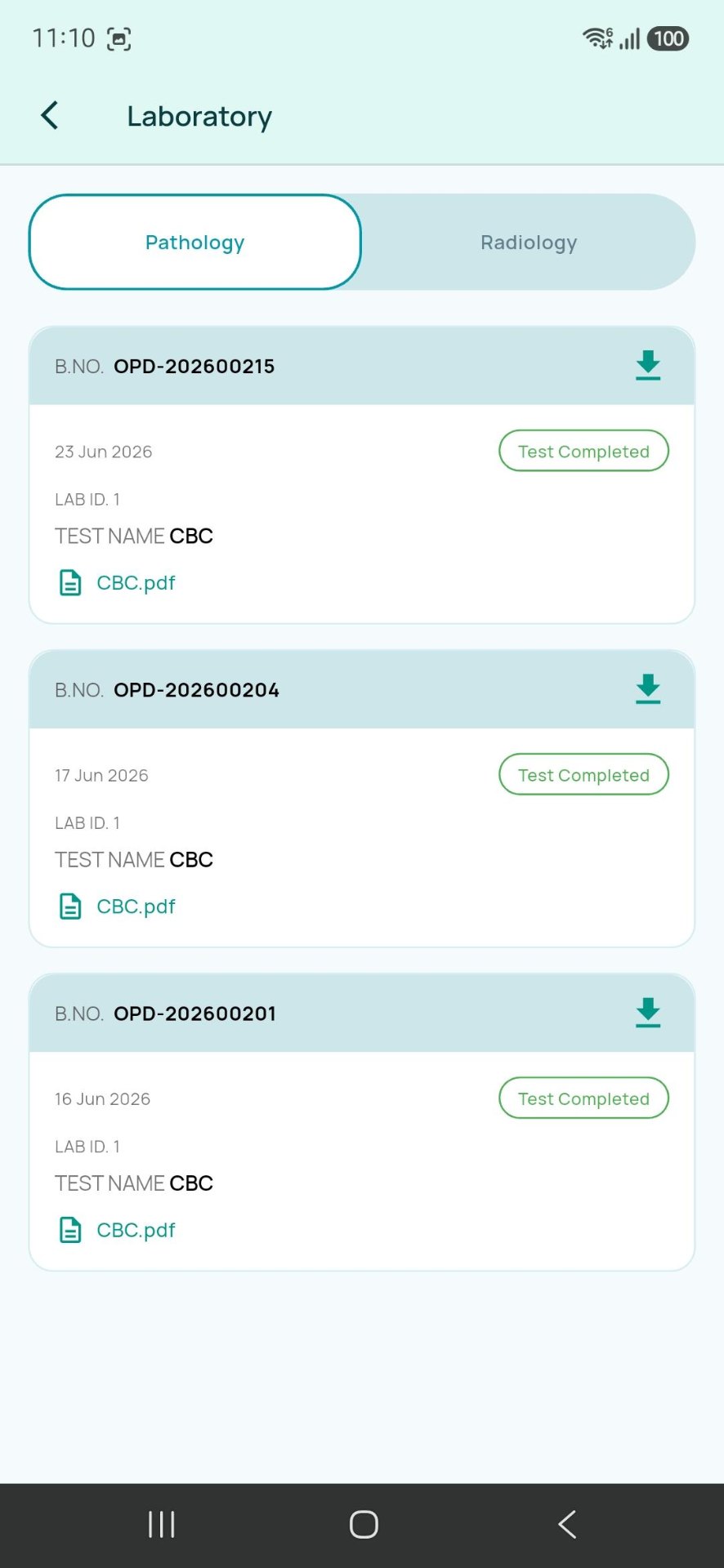 Aarya Hospitals app — laboratory reports
