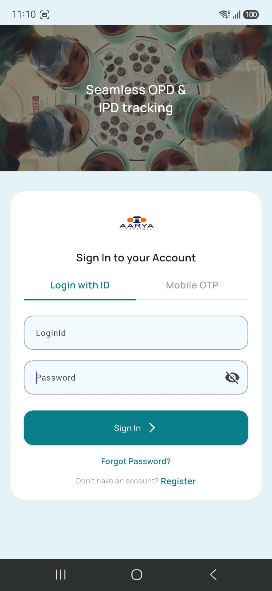 Aarya Hospitals app — secure sign in